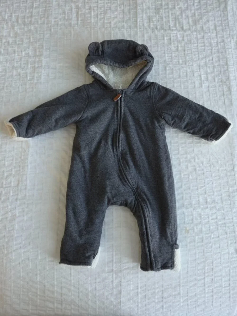 H&M Baby Hooded Sherpa Pram Suit Gray 2-4 Months Bear Ears Organic Cotton Buntin